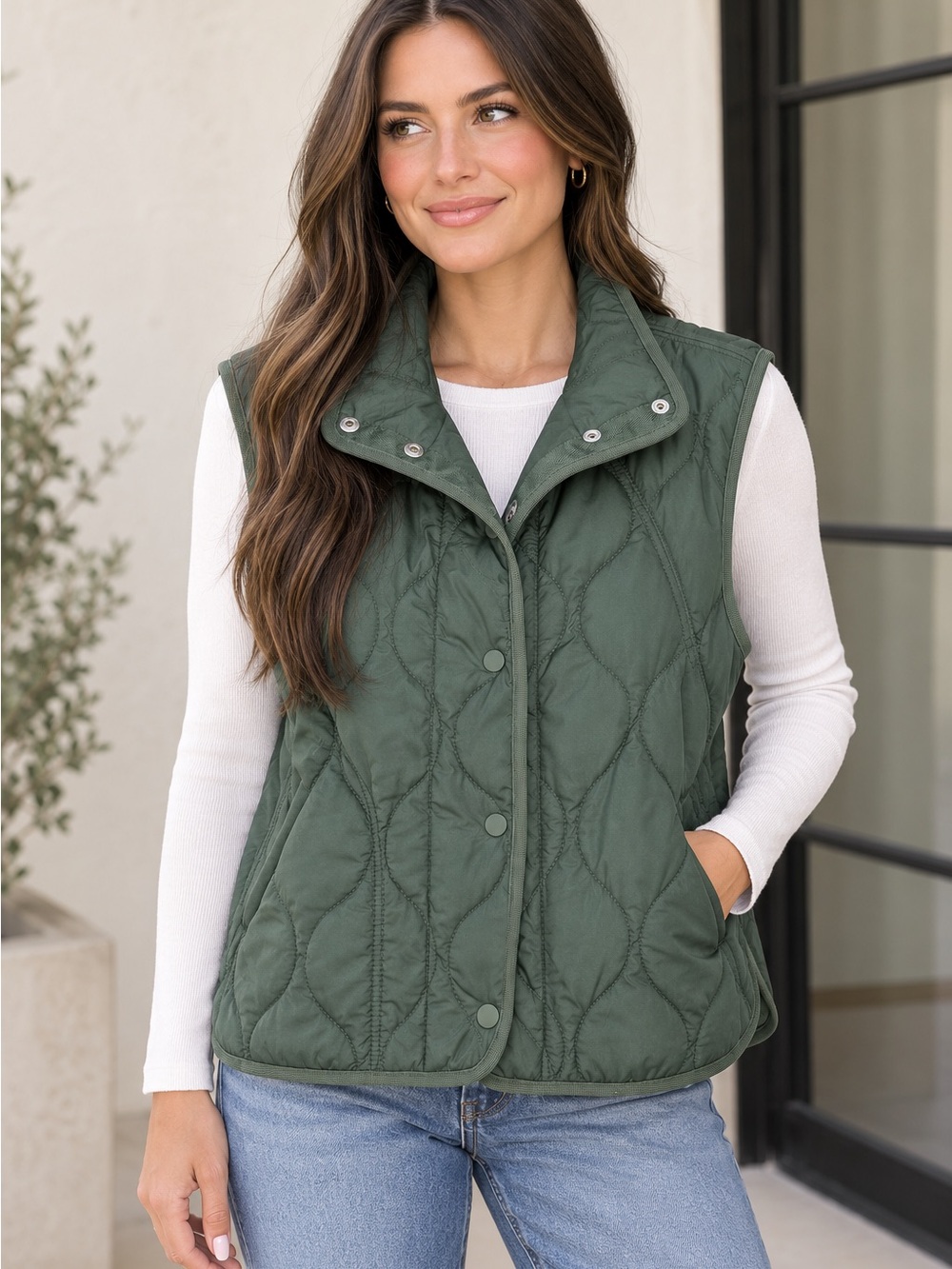 NWT Quince Green Quilted Lightweight Snap & Zip Puffer Vest Size S